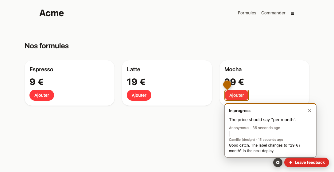 A pin on the button of a pricing page, with its note, its status In progress, and the reply of the team.